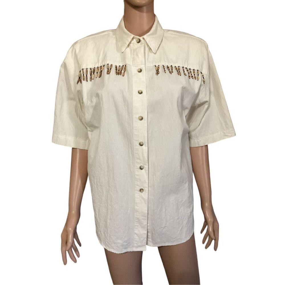 Vintage Cactus Flower Beaded Button Down Shirt L